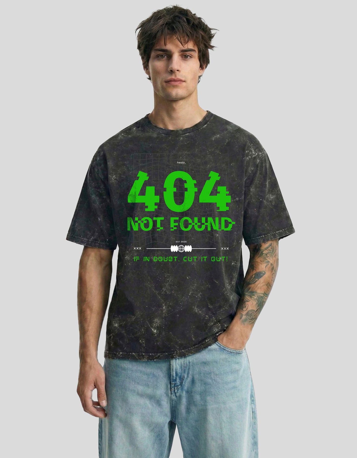 Black acid-washed cloud oversized tee with 404 NOT FOUND text in green - tech humor Heistt streetwear