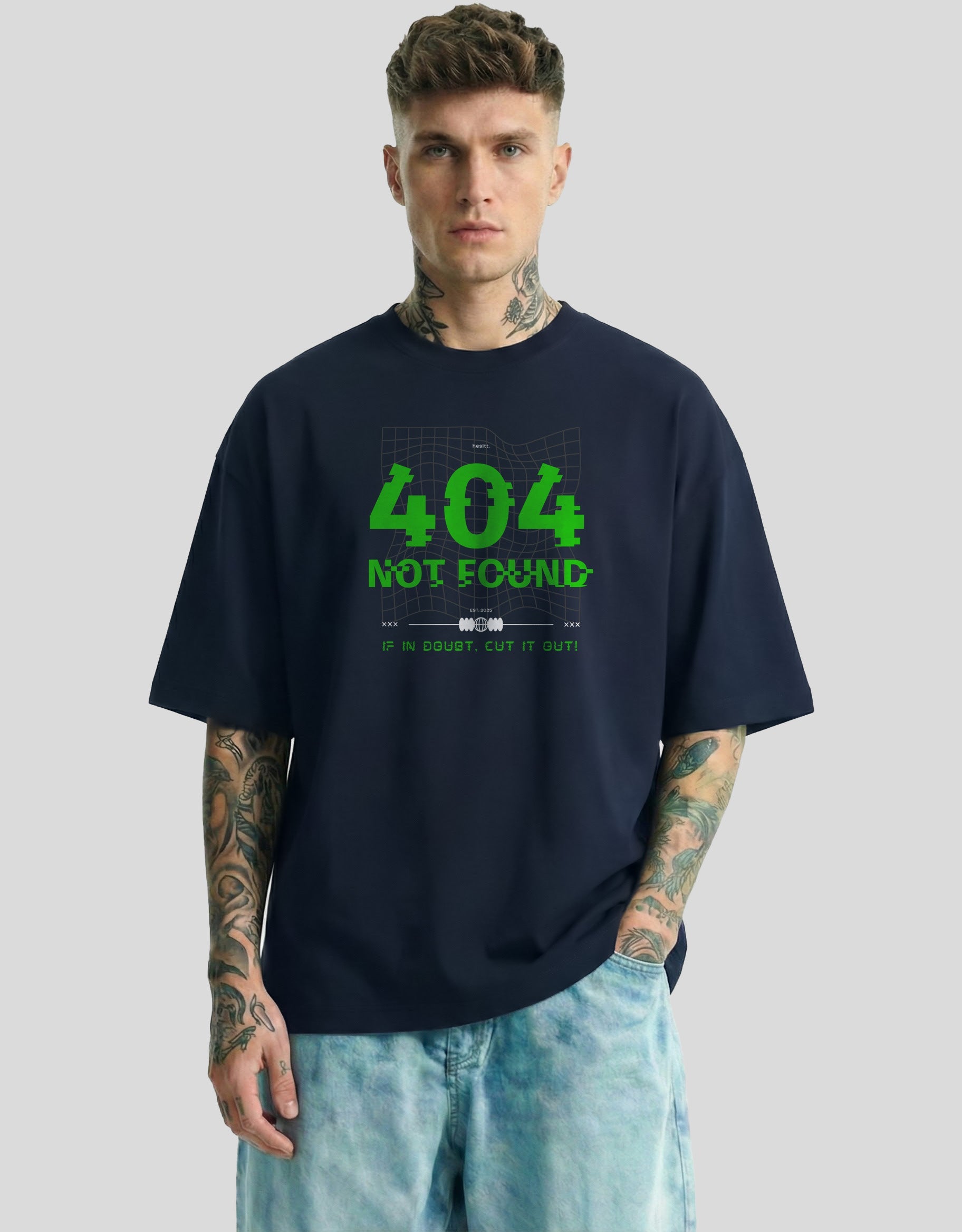Navy blue oversized graphic tee with 404 NOT FOUND text in green - tech humor Heistt streetwear