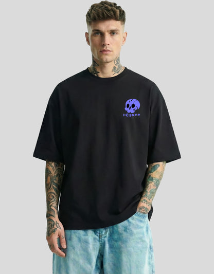 Black oversized tee front view with purple skull logo and HEISTT text - street culture Heistt streetwear