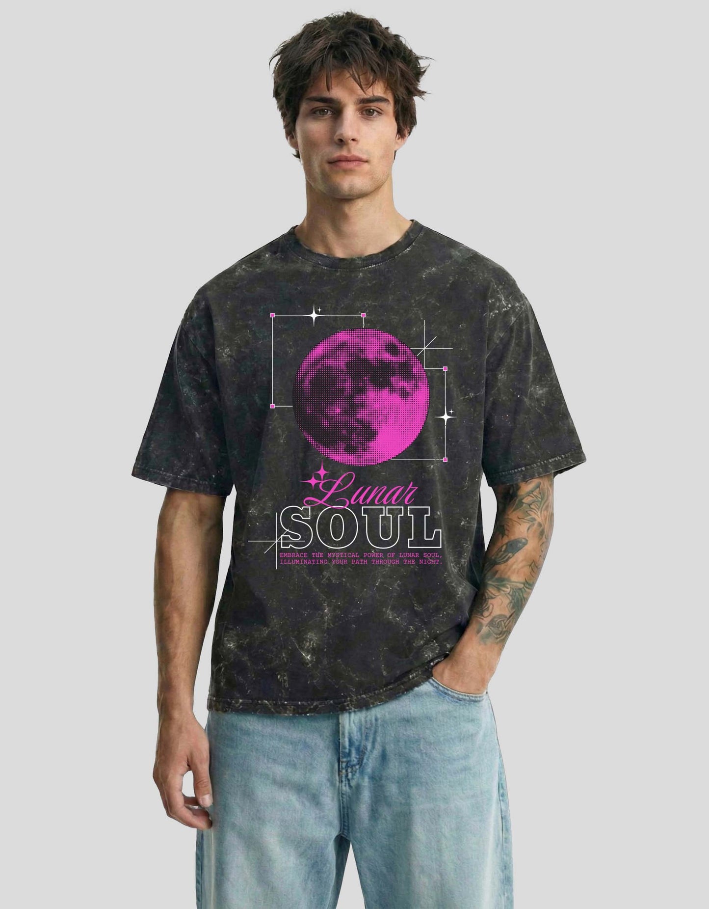 Carbon fade acid-washed cloud oversized tee with SOUL graphic and mystical moon - spiritual Heistt streetwear