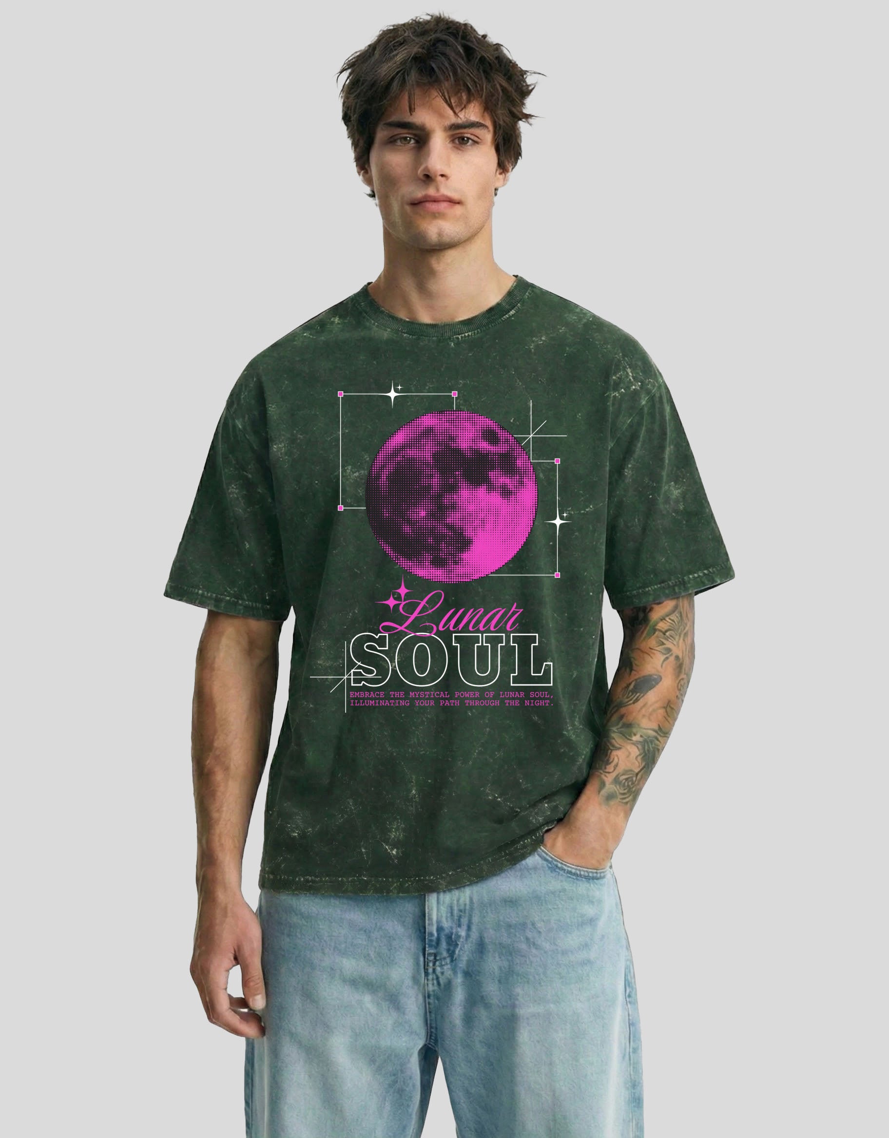 Forest fade acid-washed cloud oversized tee with SOUL graphic and mystical moon - spiritual Heistt streetwear