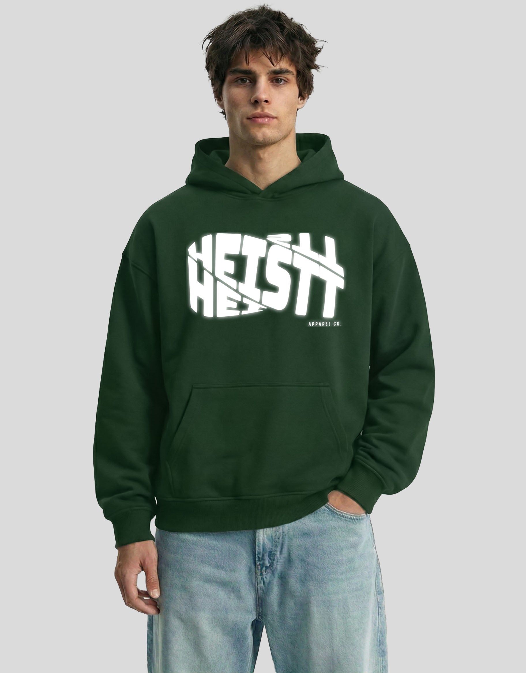 Green HEISTT oversized hoodie front view with bold brand text graphic - premium cotton Heistt streetwear