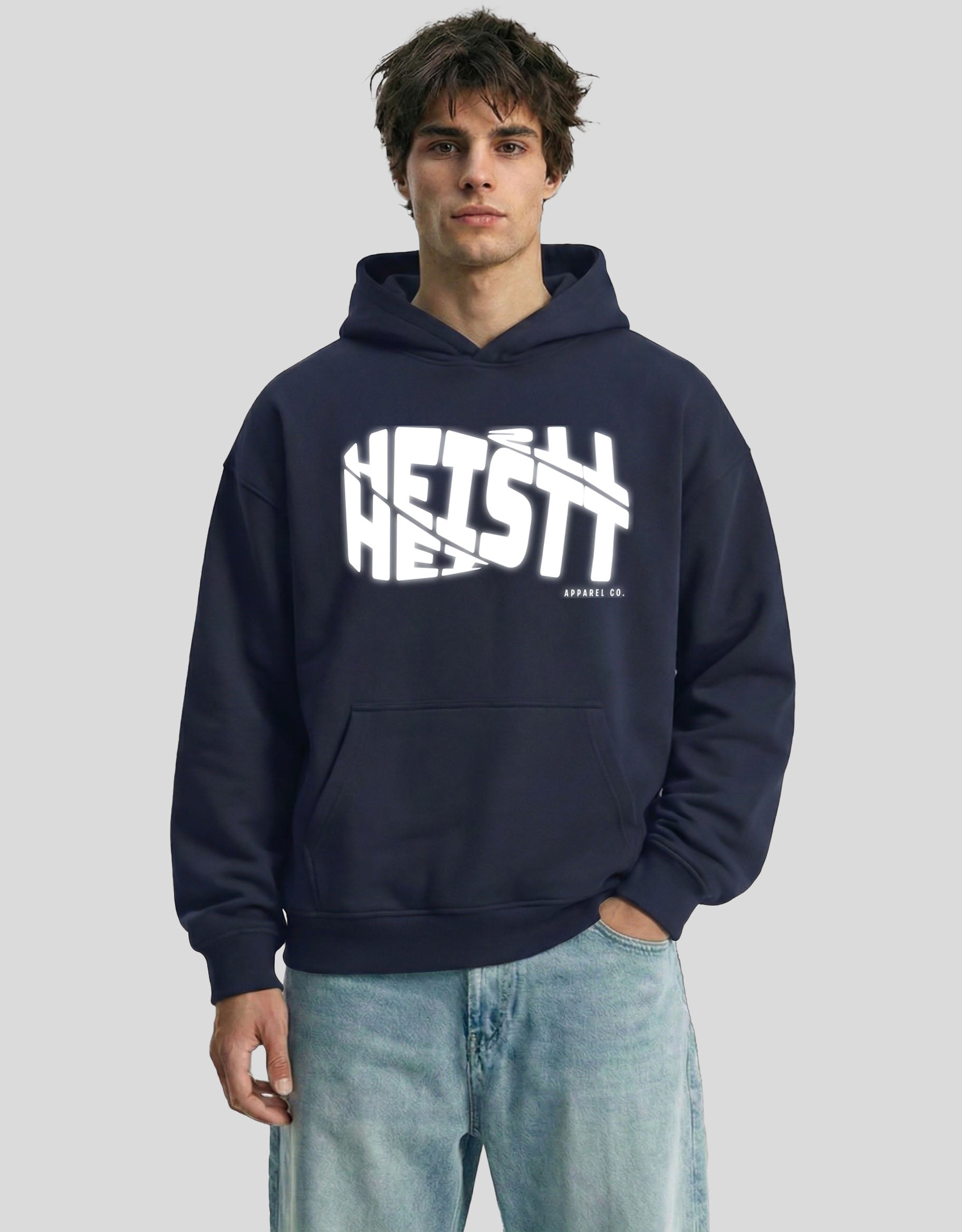 Navy blue HEISTT oversized hoodie front view with bold brand text graphic - premium cotton Heistt streetwear