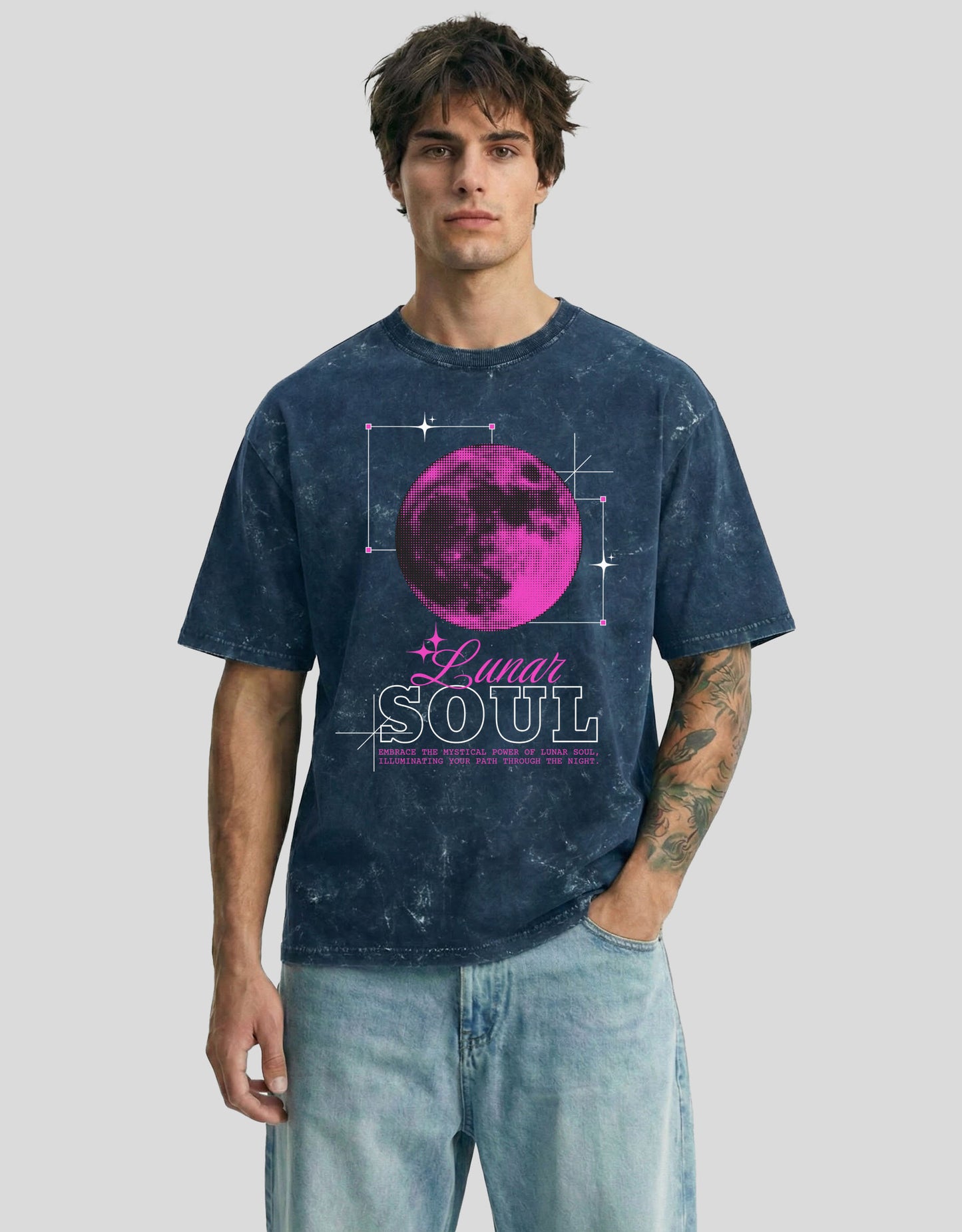 Neptune fade acid-washed cloud oversized tee with SOUL graphic and mystical moon - spiritual Heistt streetwear
