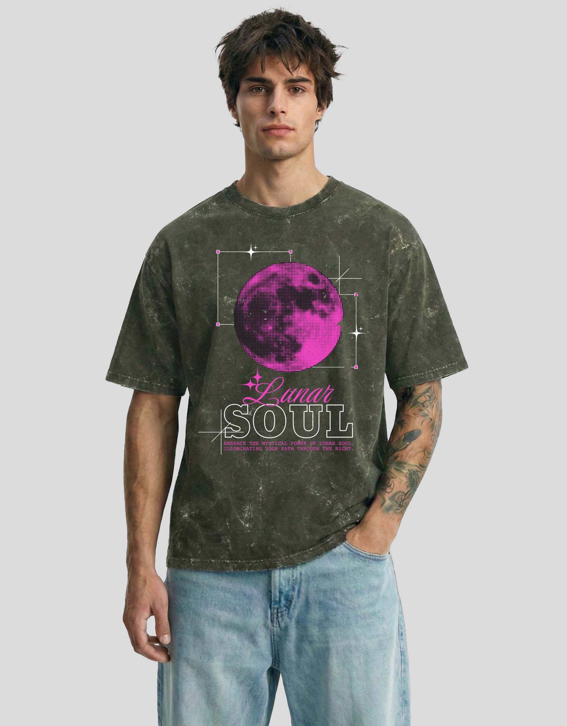 Olive fade acid-washed cloud oversized tee with SOUL graphic and mystical moon - spiritual Heistt streetwear