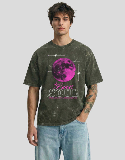 Olive fade acid-washed cloud oversized tee with SOUL graphic and mystical moon - spiritual Heistt streetwear