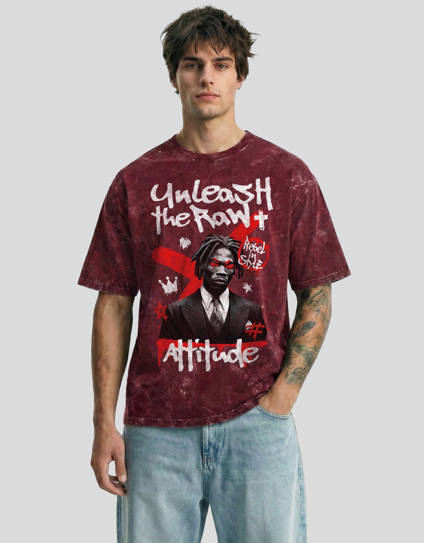 Mars fade acid-washed cloud oversized tee with ATTITUDE graphic - edgy Heistt streetwear