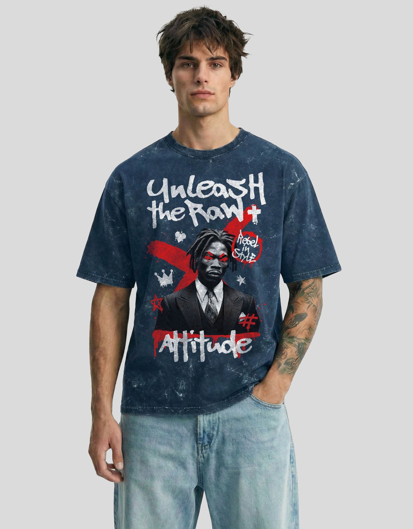 Neptune fade acid-washed cloud oversized tee with ATTITUDE graphic - edgy Heistt streetwear
