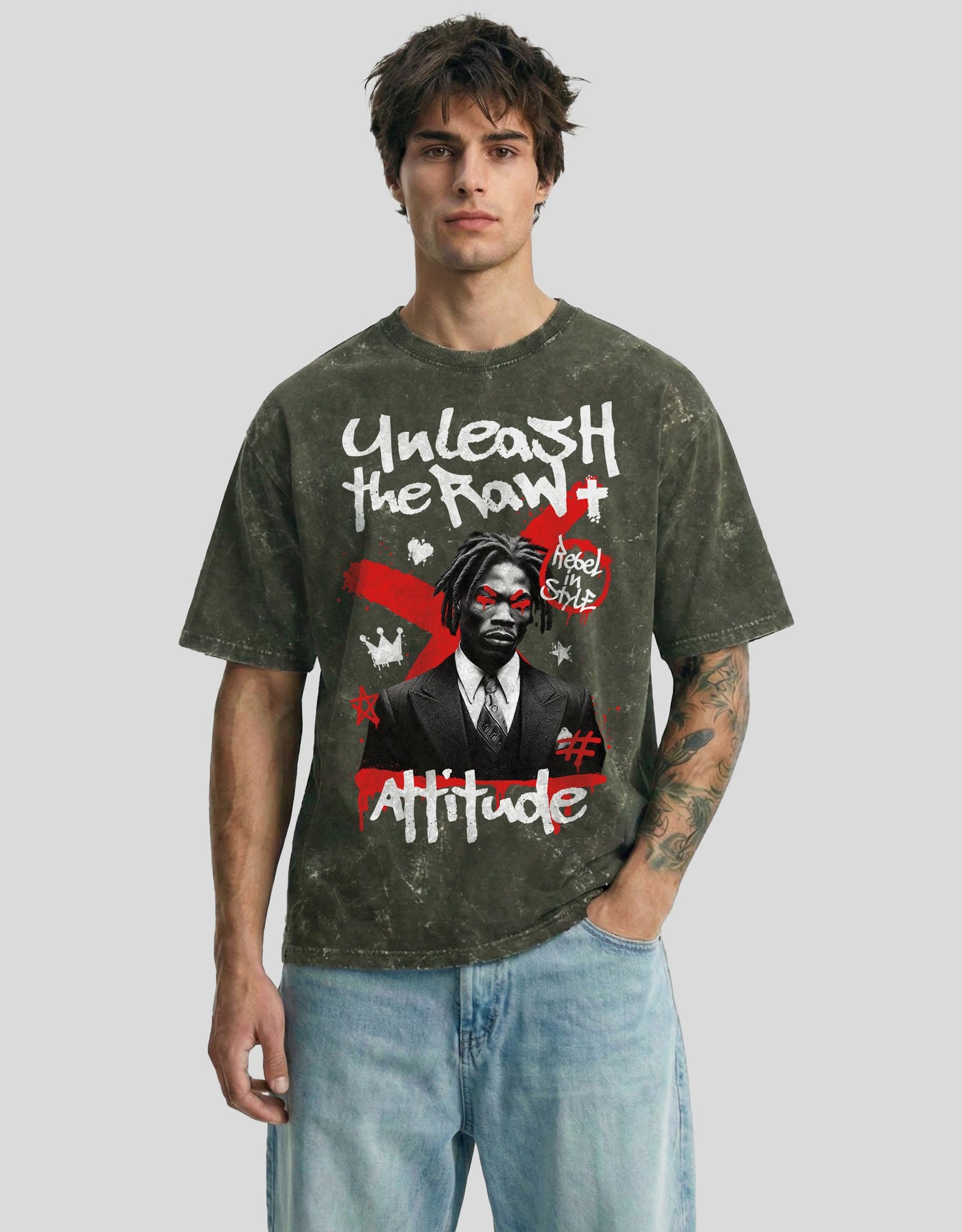 Olive fade acid-washed cloud oversized tee with ATTITUDE graphic - edgy Heistt streetwear