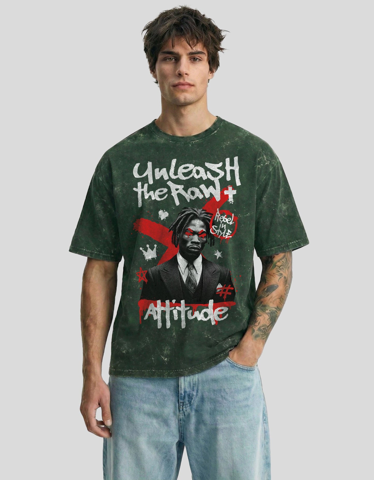 Forest fade acid-washed cloud oversized tee with ATTITUDE graphic - edgy Heistt streetwear