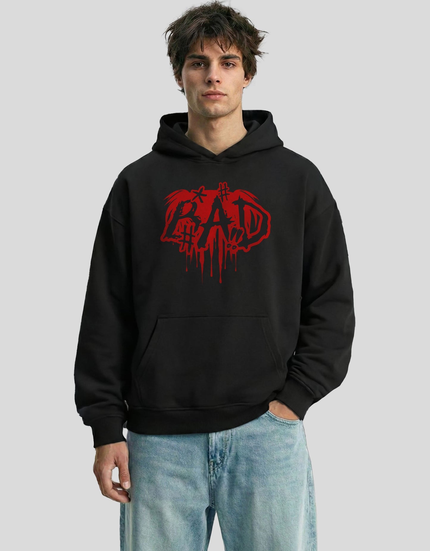 Black BAD oversized hoodie front view with red dripping graphic - premium cotton Heistt streetwear