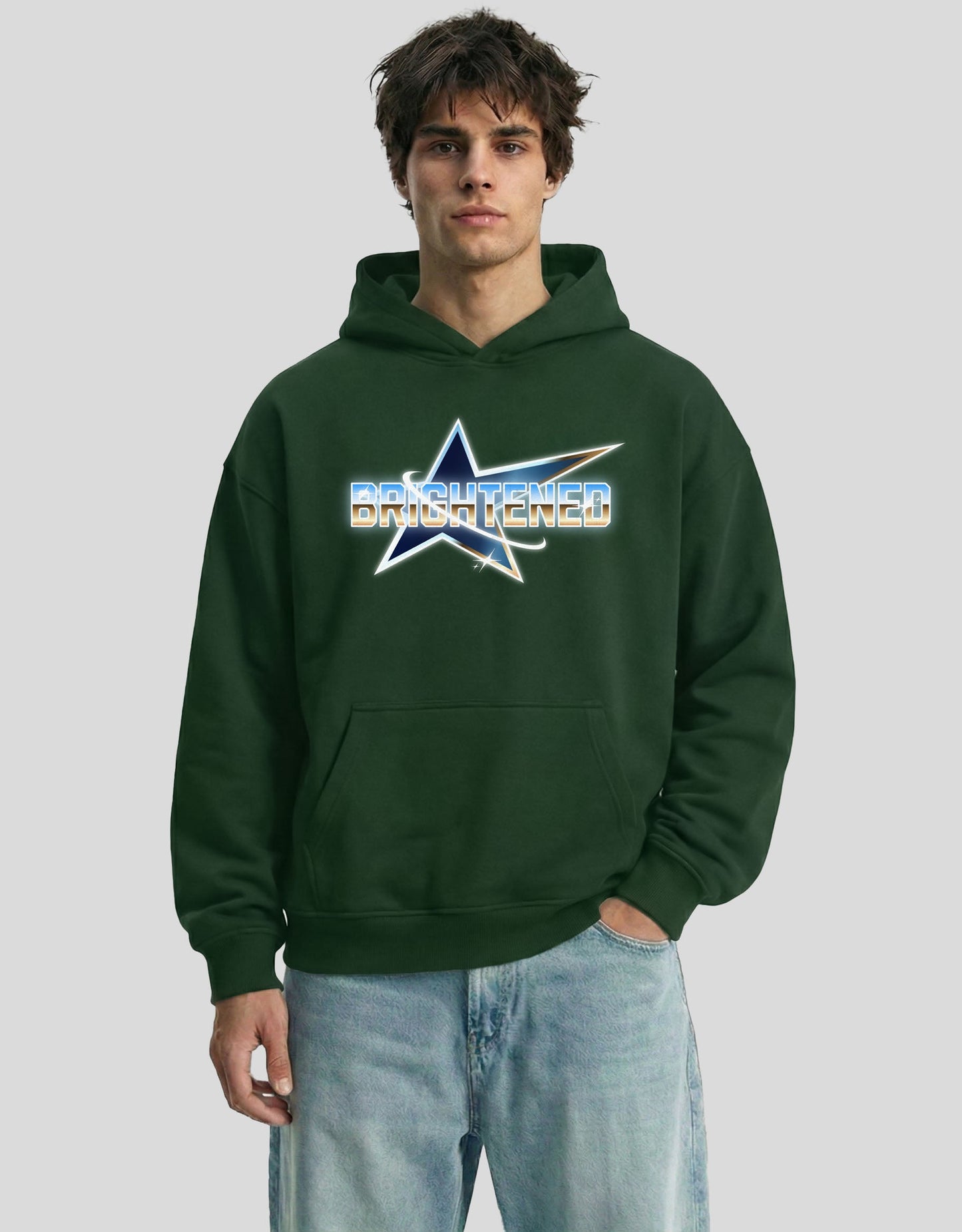 Green BRIGHTENED oversized hoodie front view with star graphic - premium cotton Heistt streetwear