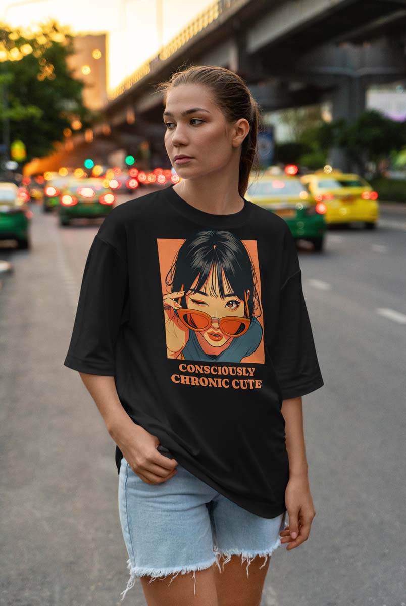 CHRONIC CUTE OverCHRONIC CUTE Oversized T-Shirt Black - Kawaii Anime Character Streetwear Tee by Heisttsized T-Shirt Black Lifestyle - Kawaii Anime Character Streetwear Tee by Heistt