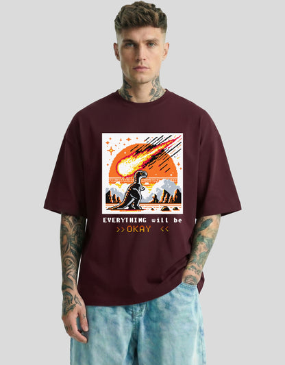 Maroon oversized tee with orange dinosaur graphic and EVERYTHING will be OKAY text - vintage Heistt streetwear