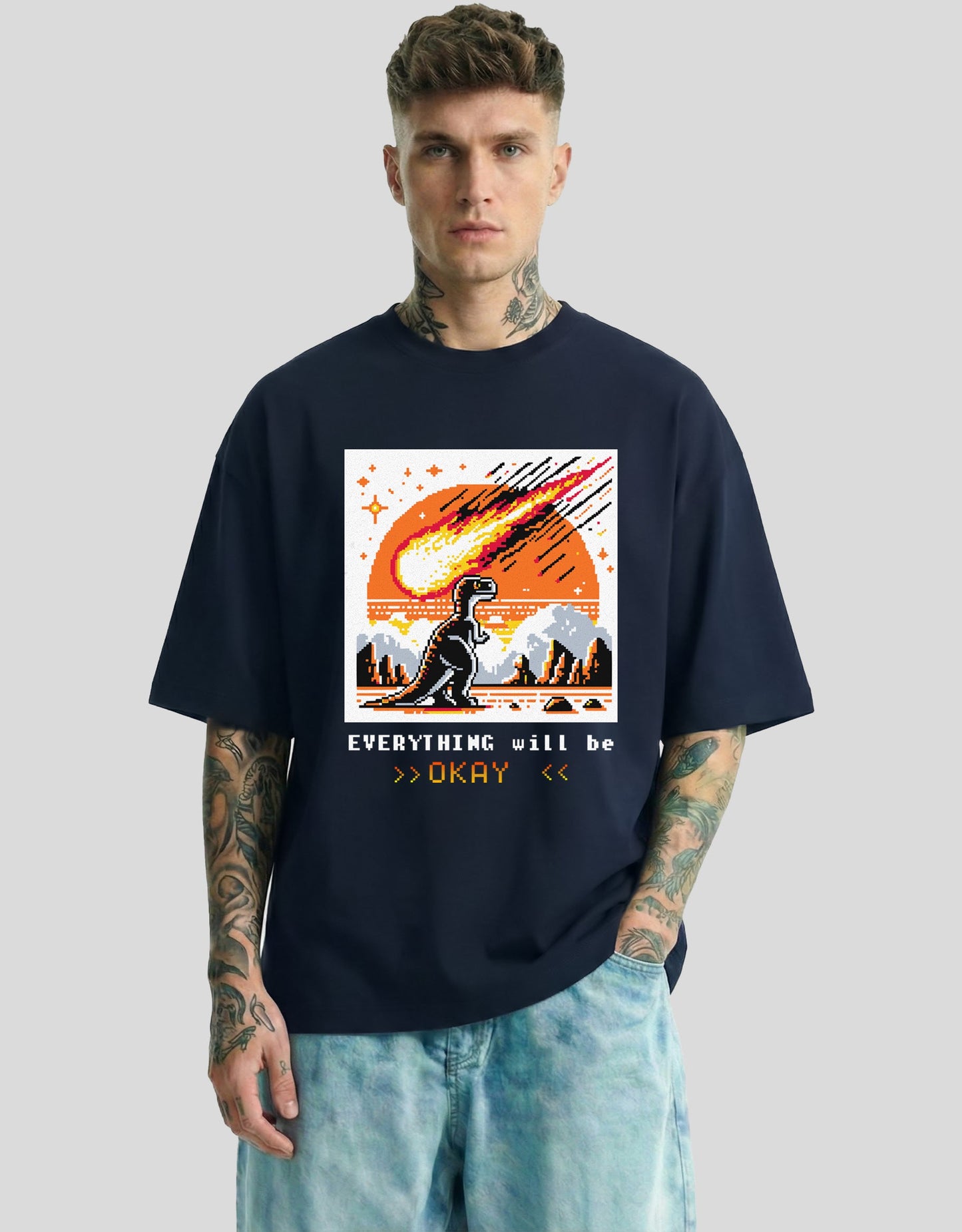Navy blue oversized tee with orange dinosaur graphic and EVERYTHING will be OKAY text - vintage Heistt streetwear