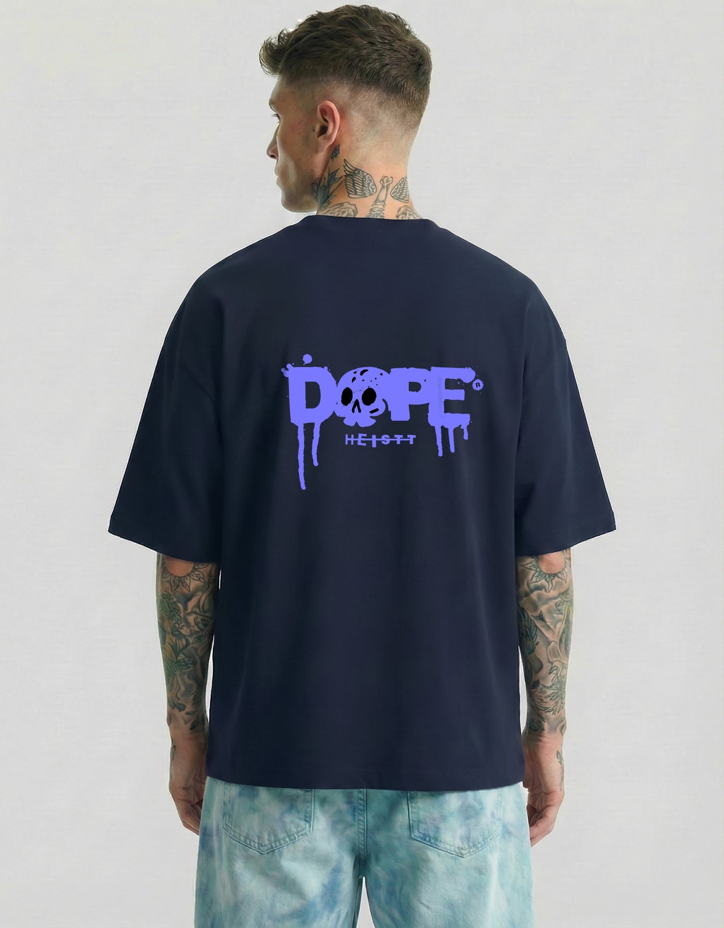Navy blue oversized tee back view with blue dripping DOPE graphic - street culture Heistt streetwear