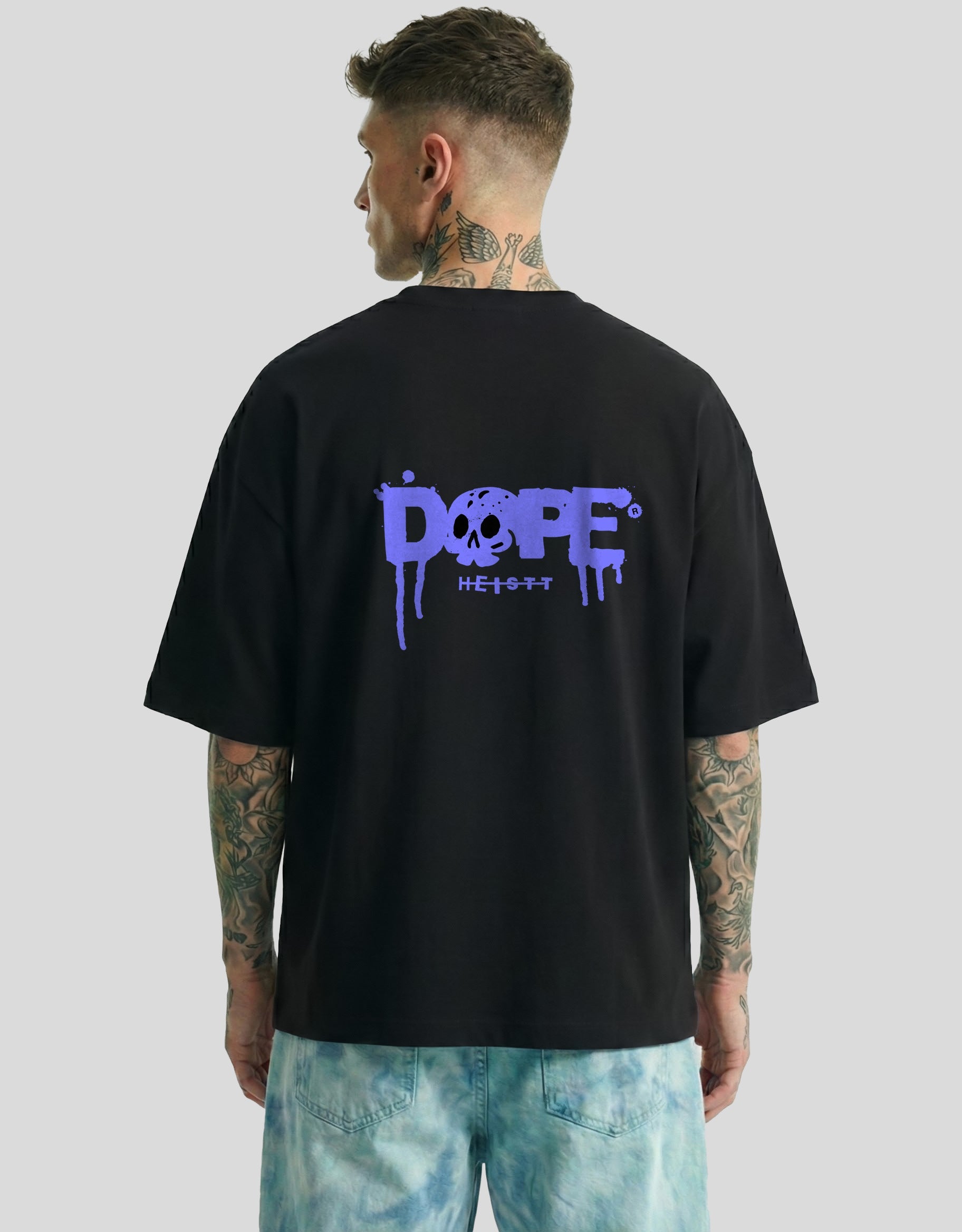 Black oversized tee back view with blue dripping DOPE graphic - street culture Heistt streetwear