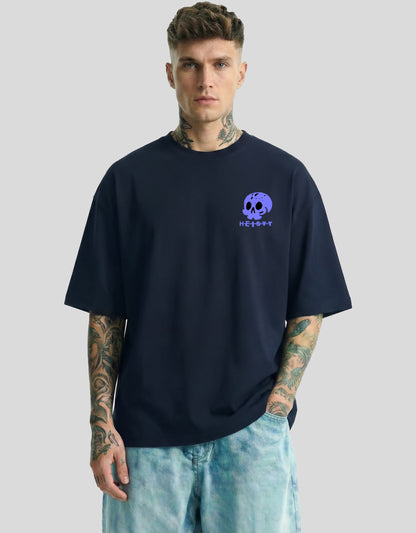 Navy blue oversized tee front view with purple skull logo and HEISTT text - street culture Heistt streetwear