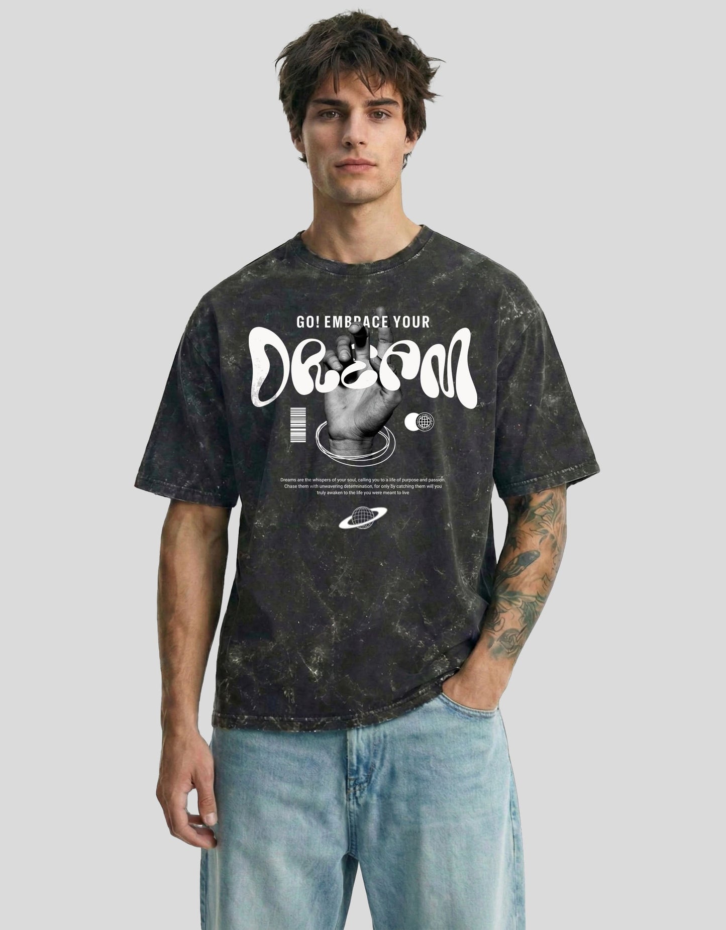 Carbon fade acid-washed cloud oversized tee with DREAM graphic - motivational Heistt streetwear