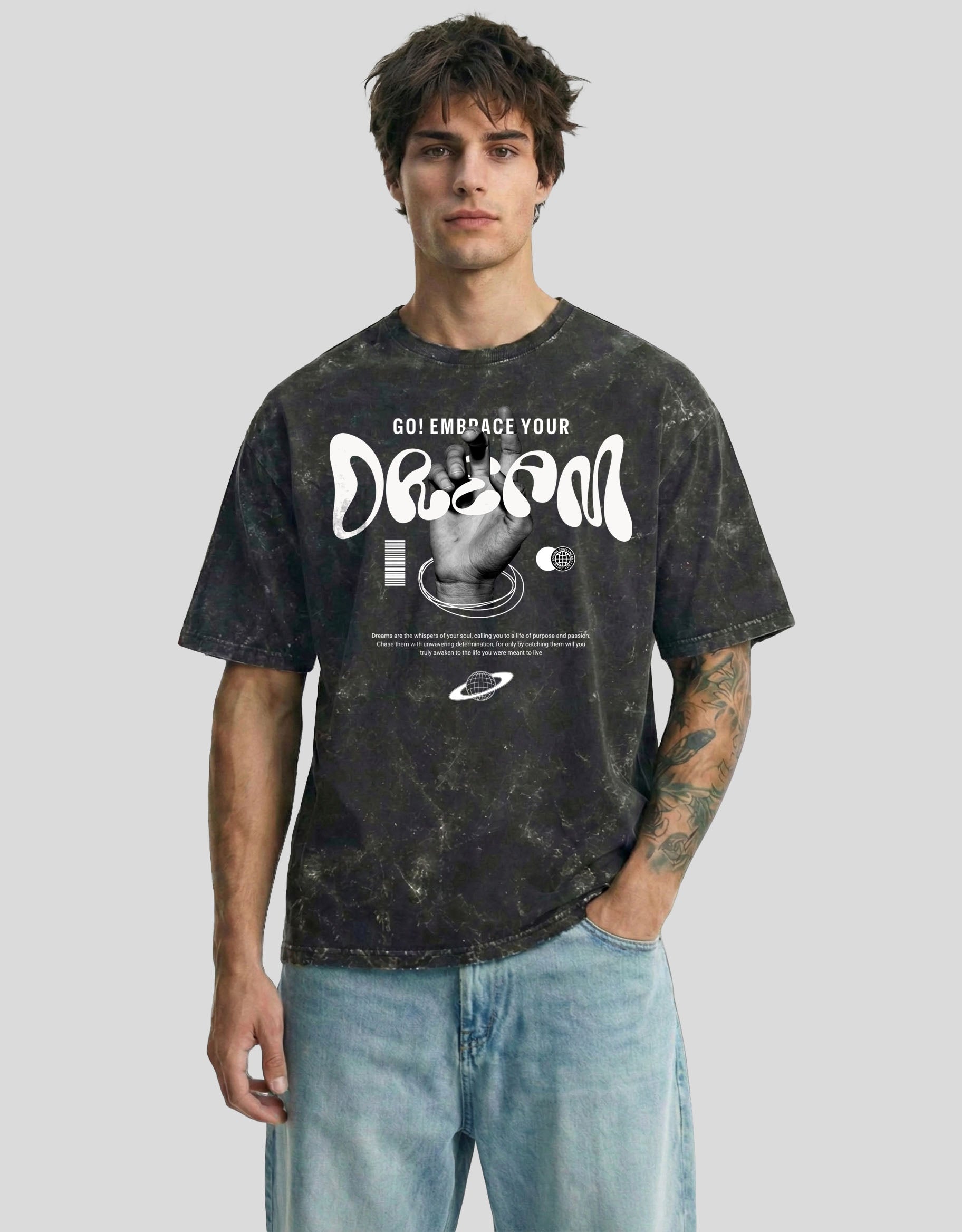Carbon fade acid-washed cloud oversized tee with DREAM graphic - motivational Heistt streetwear