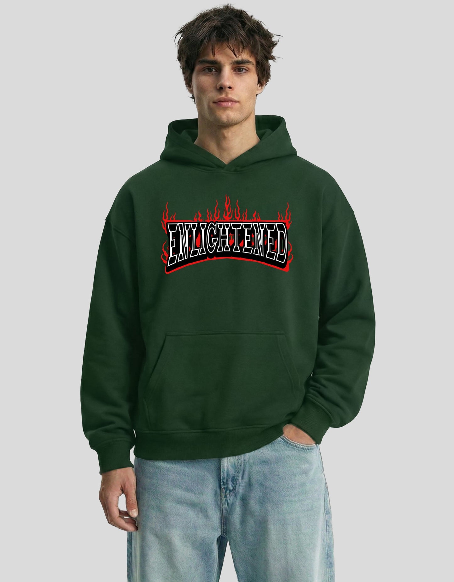 Forest green ENLIGHTENED oversized hoodie front view with embroidered flame graphic - premium cotton Heistt streetwear
