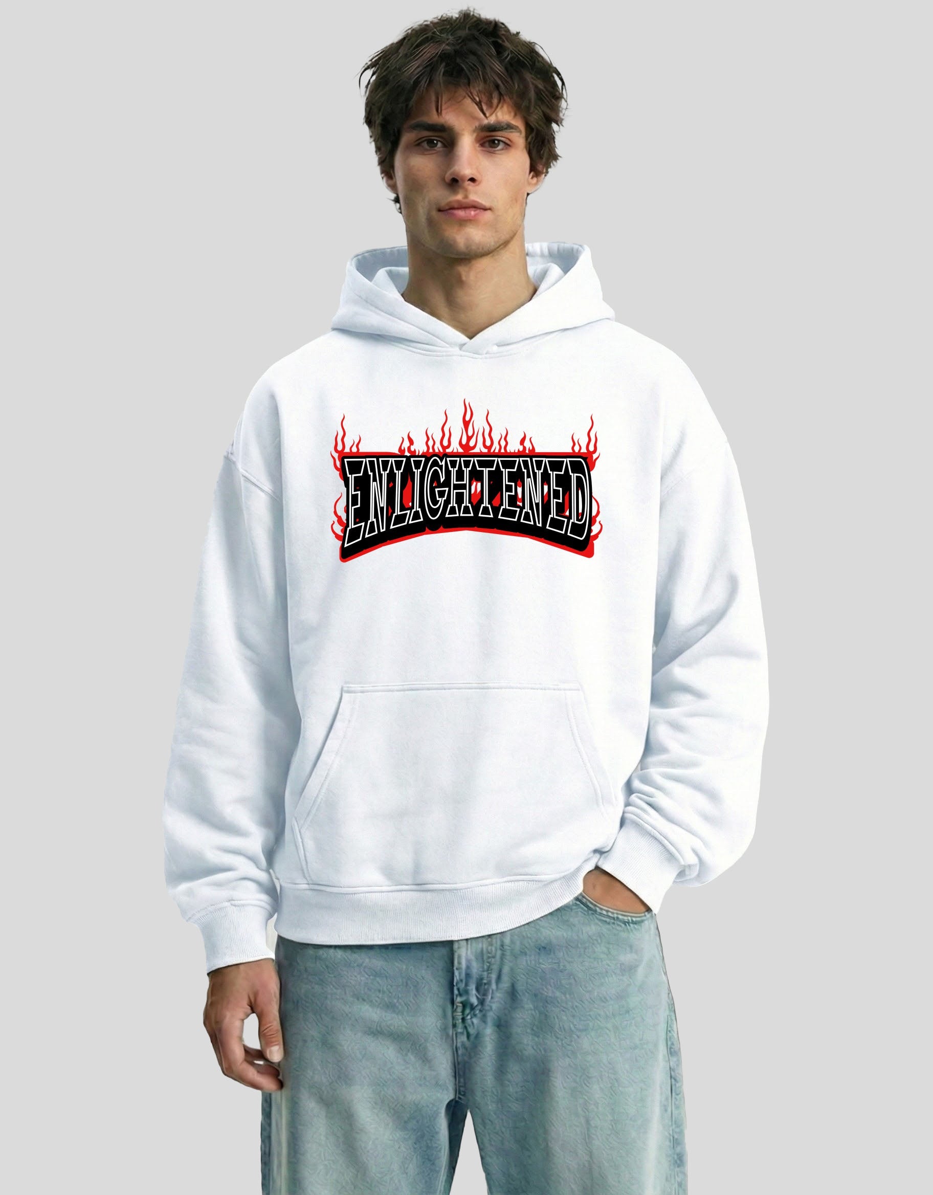 White ENLIGHTENED oversized hoodie front view with embroidered flame graphic - premium cotton Heistt streetwear