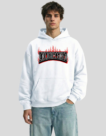 White ENLIGHTENED oversized hoodie front view with embroidered flame graphic - premium cotton Heistt streetwear