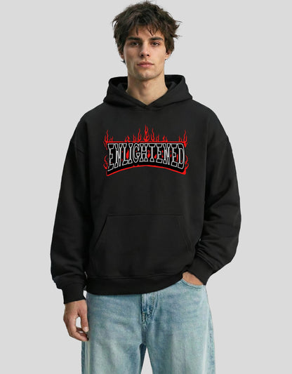 Black ENLIGHTENED oversized hoodie front view with embroidered flame graphic - premium cotton Heistt streetwear