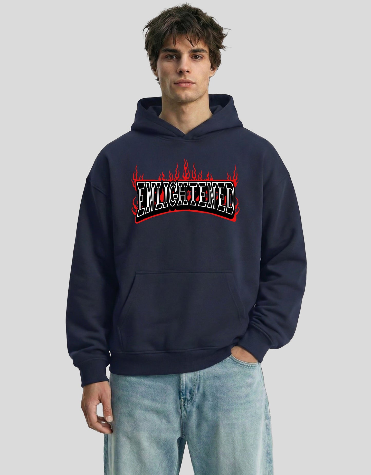 Navy blue ENLIGHTENED oversized hoodie front view with embroidered flame graphic - premium cotton Heistt streetwear