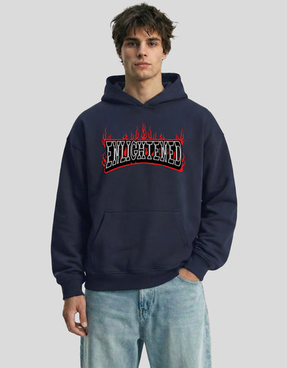 Navy blue ENLIGHTENED oversized hoodie front view with embroidered flame graphic - premium cotton Heistt streetwear