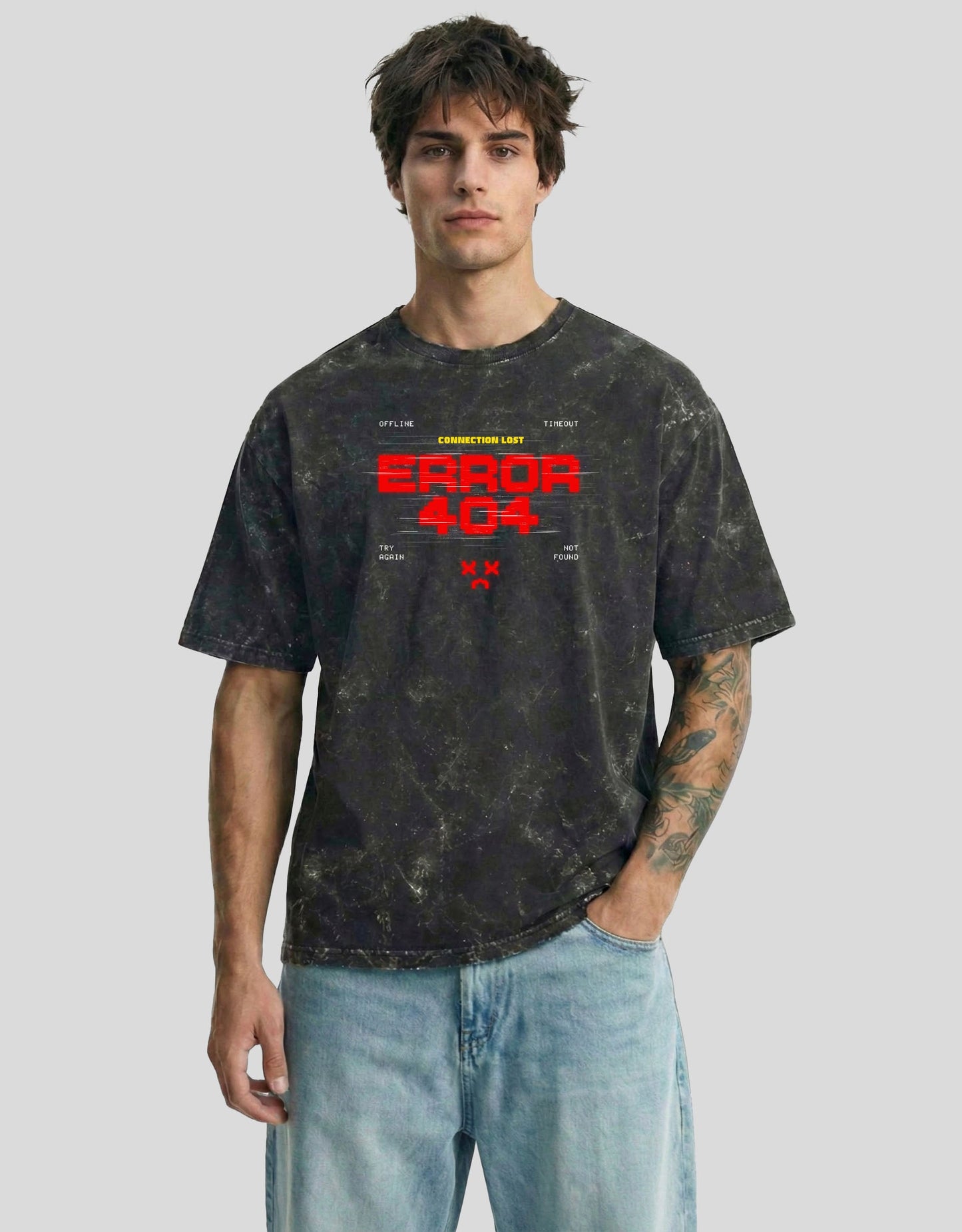 ERROR 404 Cloud Oversized T-Shirt Carbon Fade - Acid Washed Glitch Graphic Streetwear Tee by Heistt