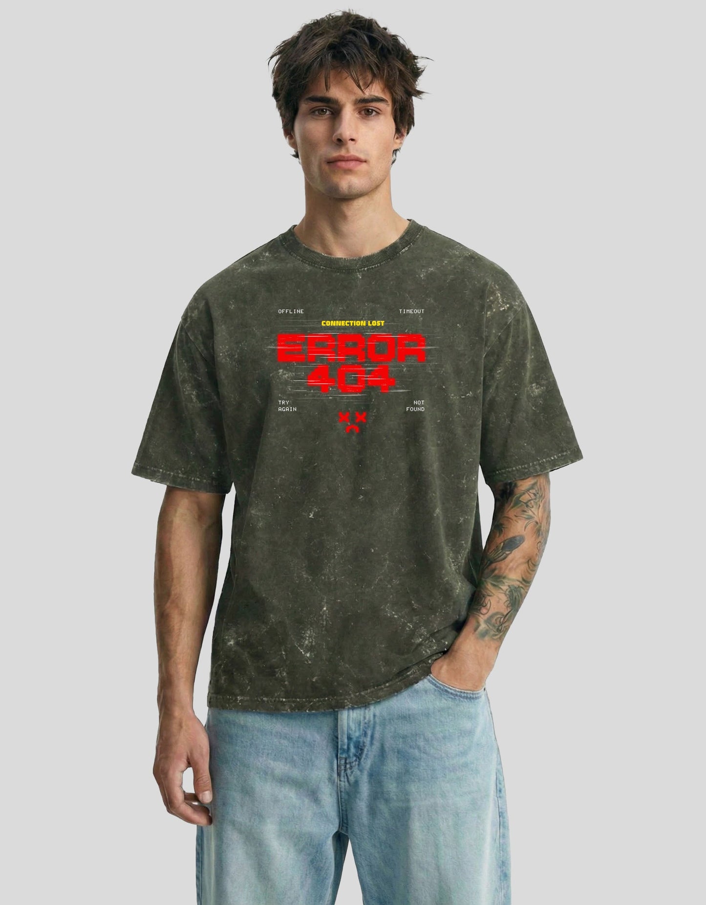 ERROR 404 Cloud Oversized T-Shirt Olive Fade - Acid Washed Glitch Graphic Streetwear Tee by Heistt