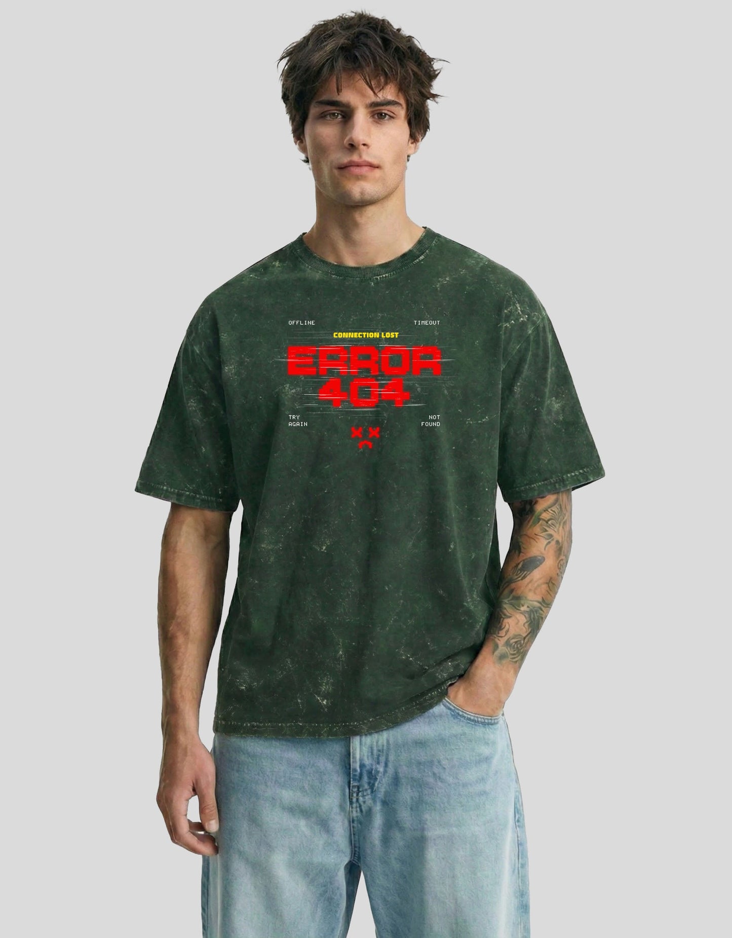 ERROR 404 Cloud Oversized T-Shirt Forest Green - Acid Washed Glitch Graphic Streetwear Tee by Heistt