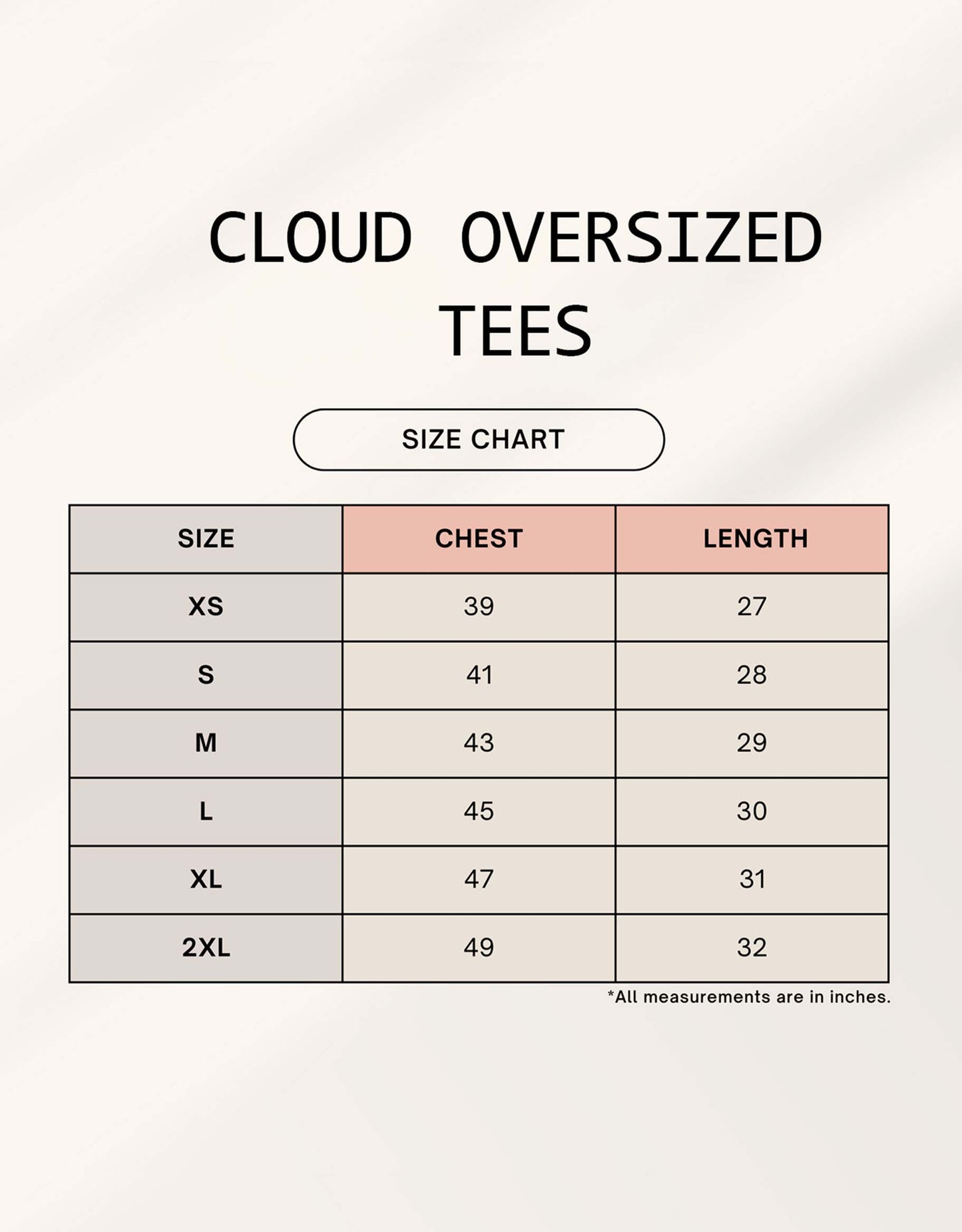 ATTITUDE cloud oversized tee size chart - measurements guide for Heistt streetwear