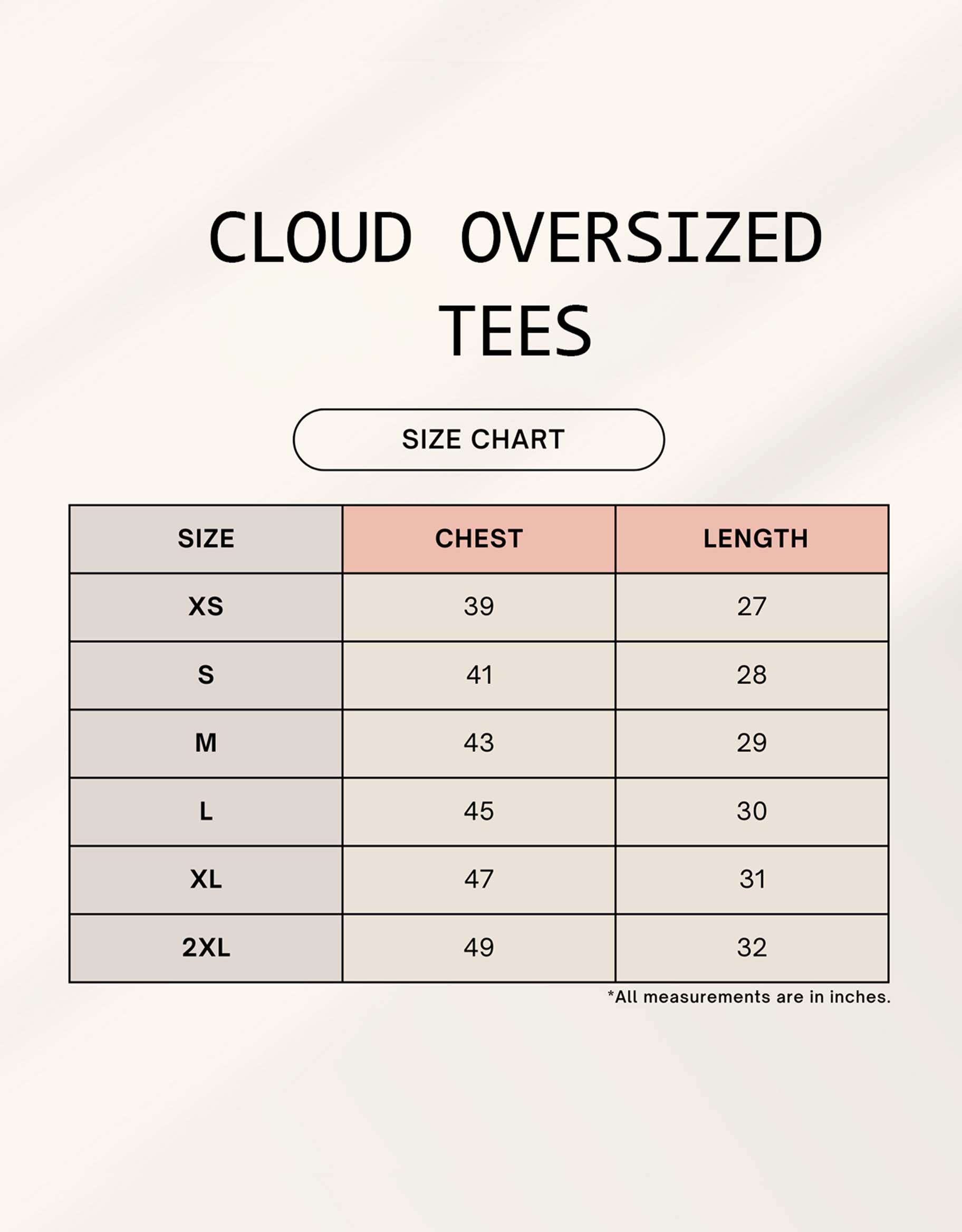 ATTITUDE cloud oversized tee size chart - measurements guide for Heistt streetwear