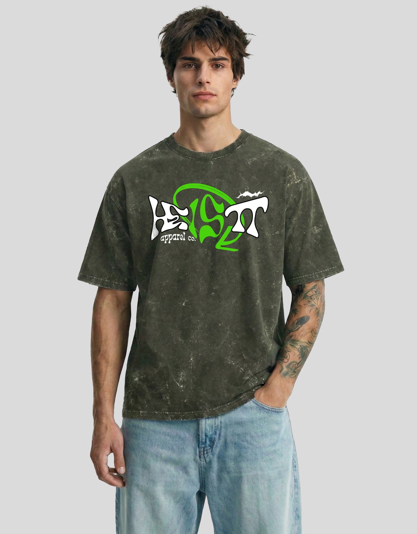 Olive fade acid-washed cloud oversized tee with green HEISTT brand logo - signature Heistt streetwear