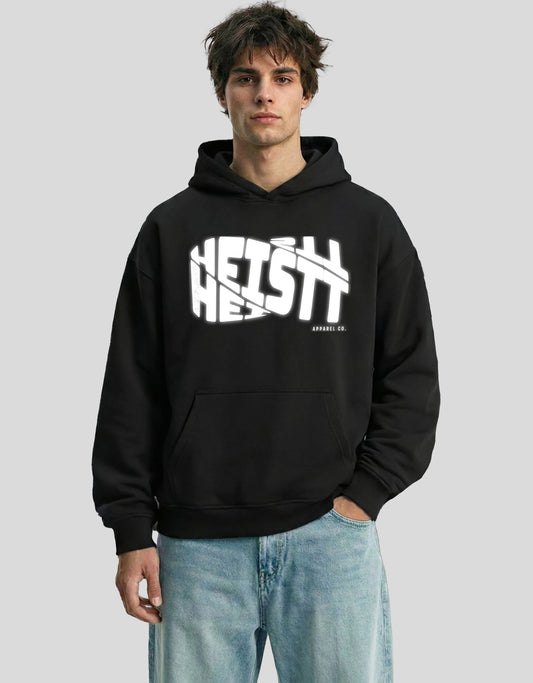 Black HEISTT oversized hoodie front view with bold brand text graphic - premium cotton Heistt streetwear