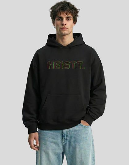 Black HEISTT oversized hoodie front view with colorful brand logo - premium cotton Heistt streetwear