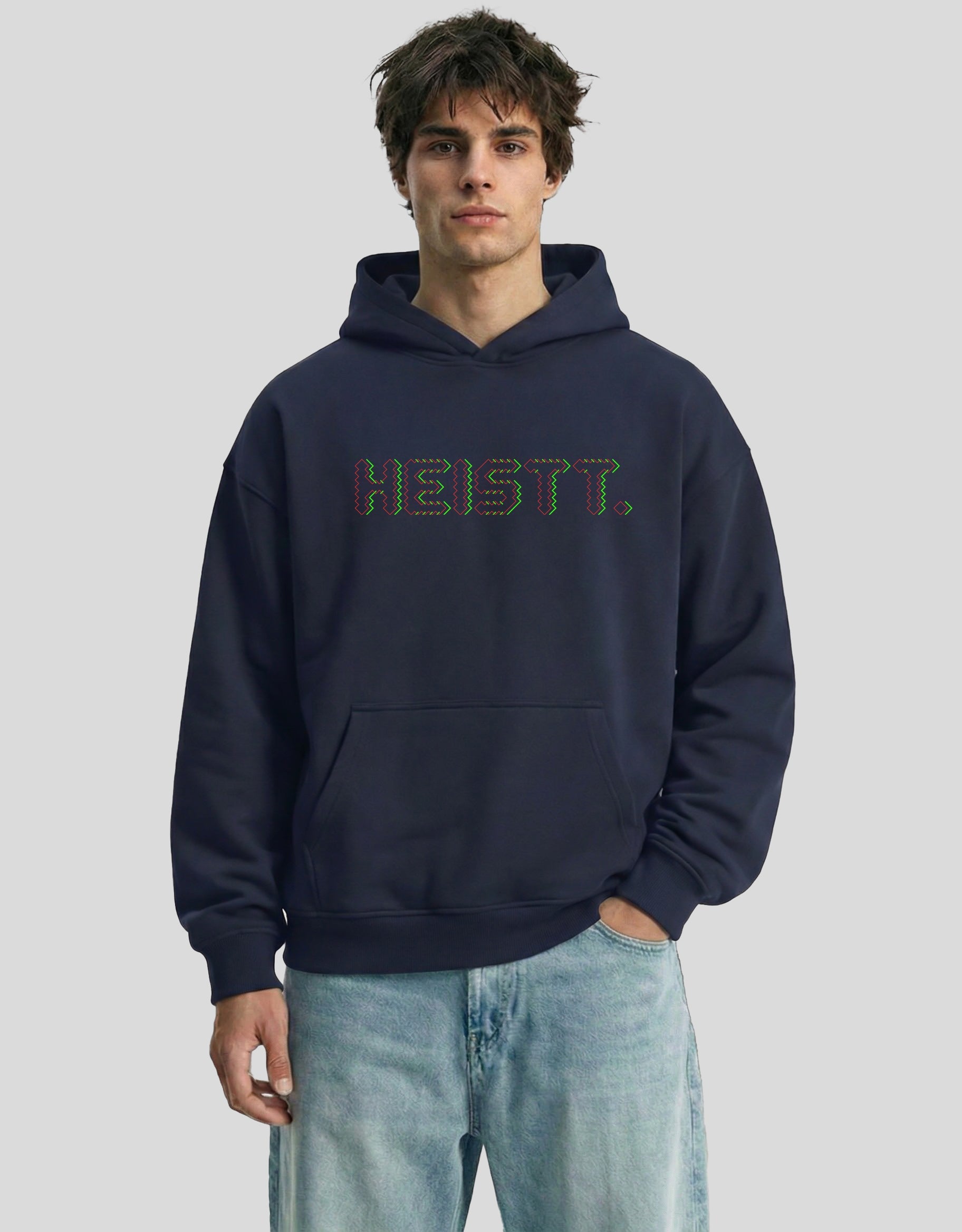 Navy blue HEISTT oversized hoodie front view with colorful brand logo - premium cotton Heistt streetwear