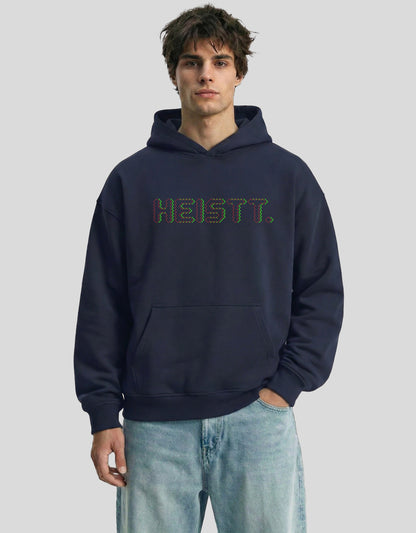 Navy blue HEISTT oversized hoodie front view with colorful brand logo - premium cotton Heistt streetwear