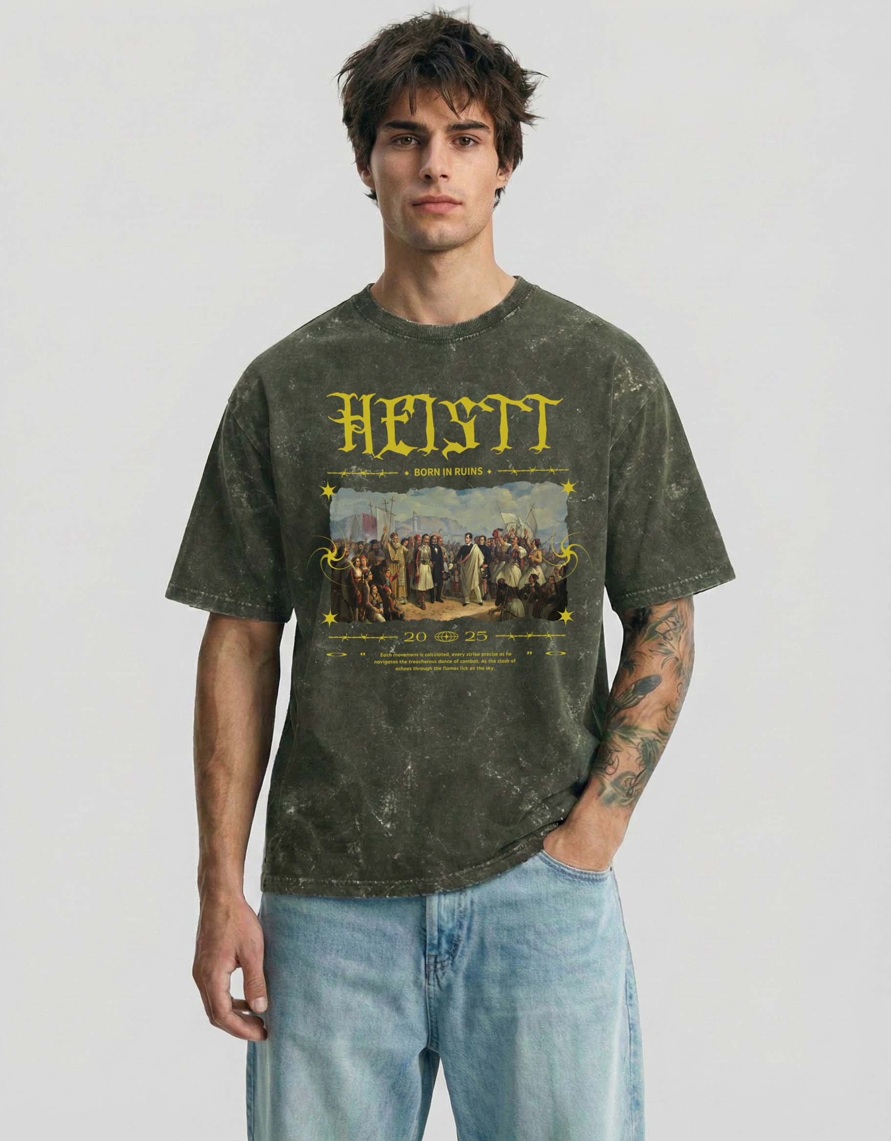 HISTORY Cloud Oversized T-Shirt Olive Fade - Acid Washed Vintage Graphic Streetwear Tee by Heistt