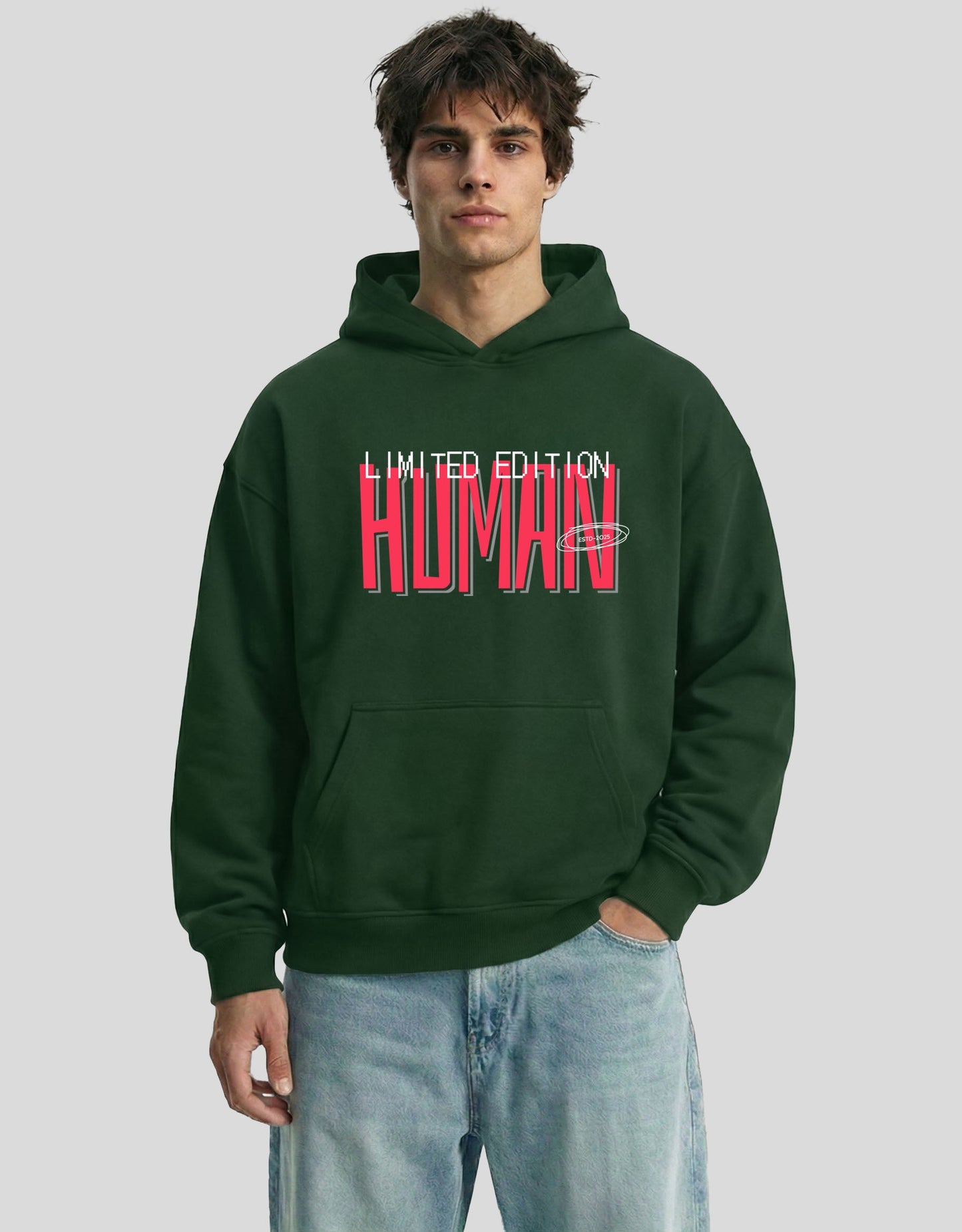 Forest green HUMAN oversized hoodie front view with bold red limited edition graphic - premium cotton Heistt streetwear