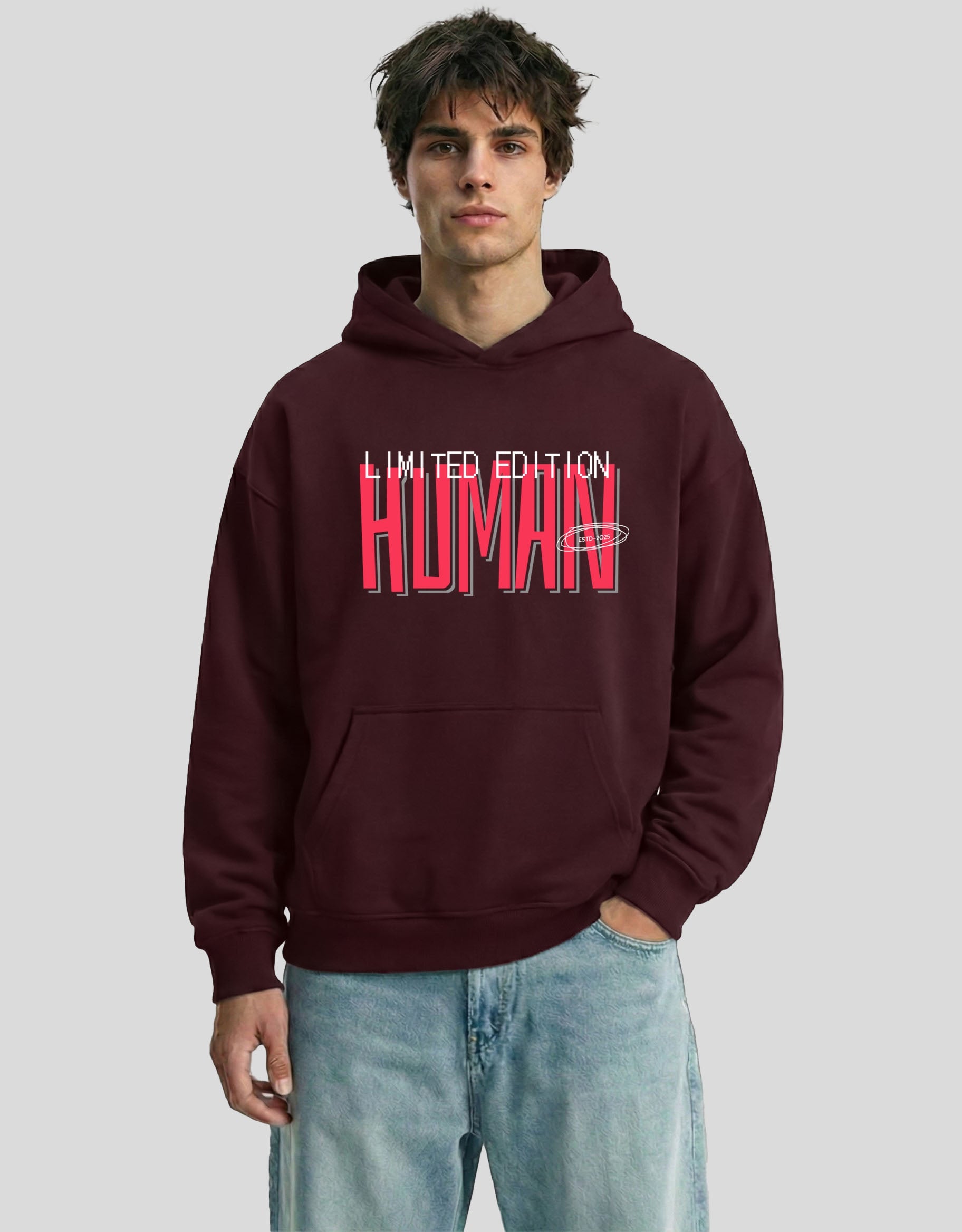 Maroon HUMAN oversized hoodie front view with bold red limited edition graphic - premium cotton Heistt streetwear