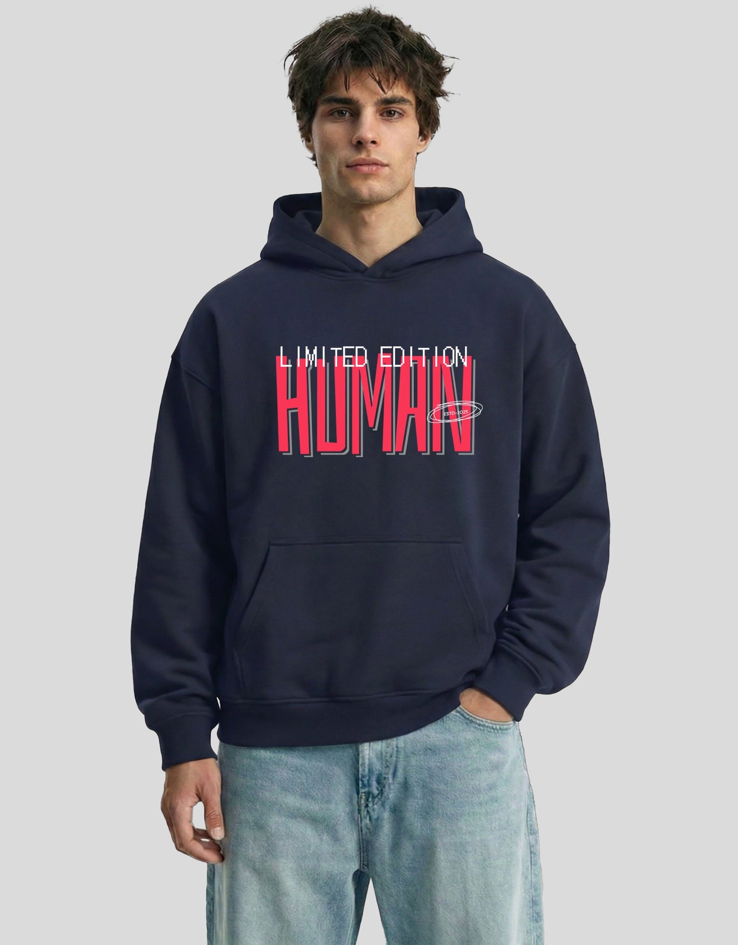 Navy blue HUMAN oversized hoodie front view with bold red limited edition graphic - premium cotton Heistt streetwear