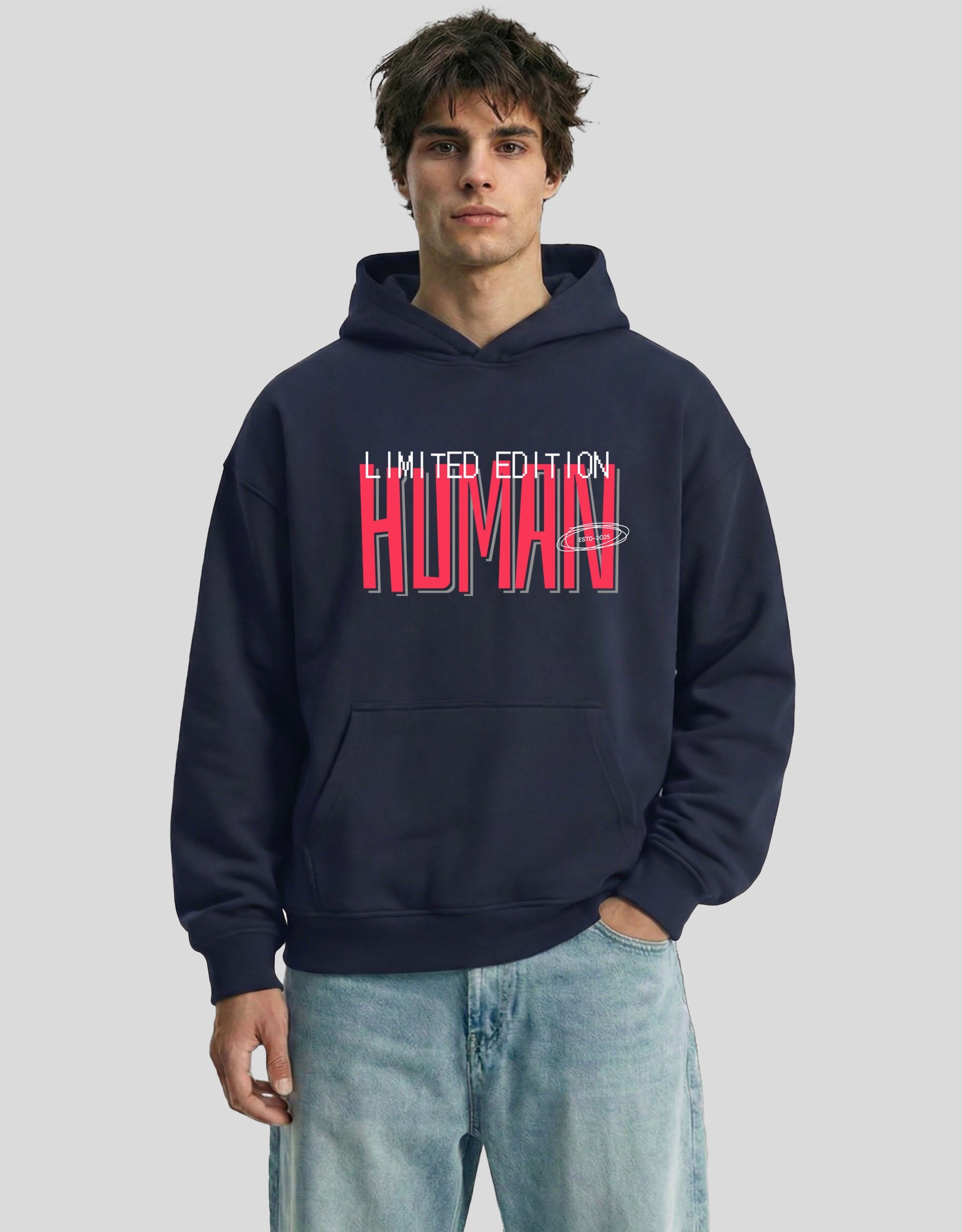 Navy blue HUMAN oversized hoodie front view with bold red limited edition graphic - premium cotton Heistt streetwear