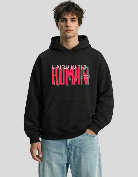 Black HUMAN oversized hoodie front view with bold red limited edition graphic - premium cotton Heistt streetwear