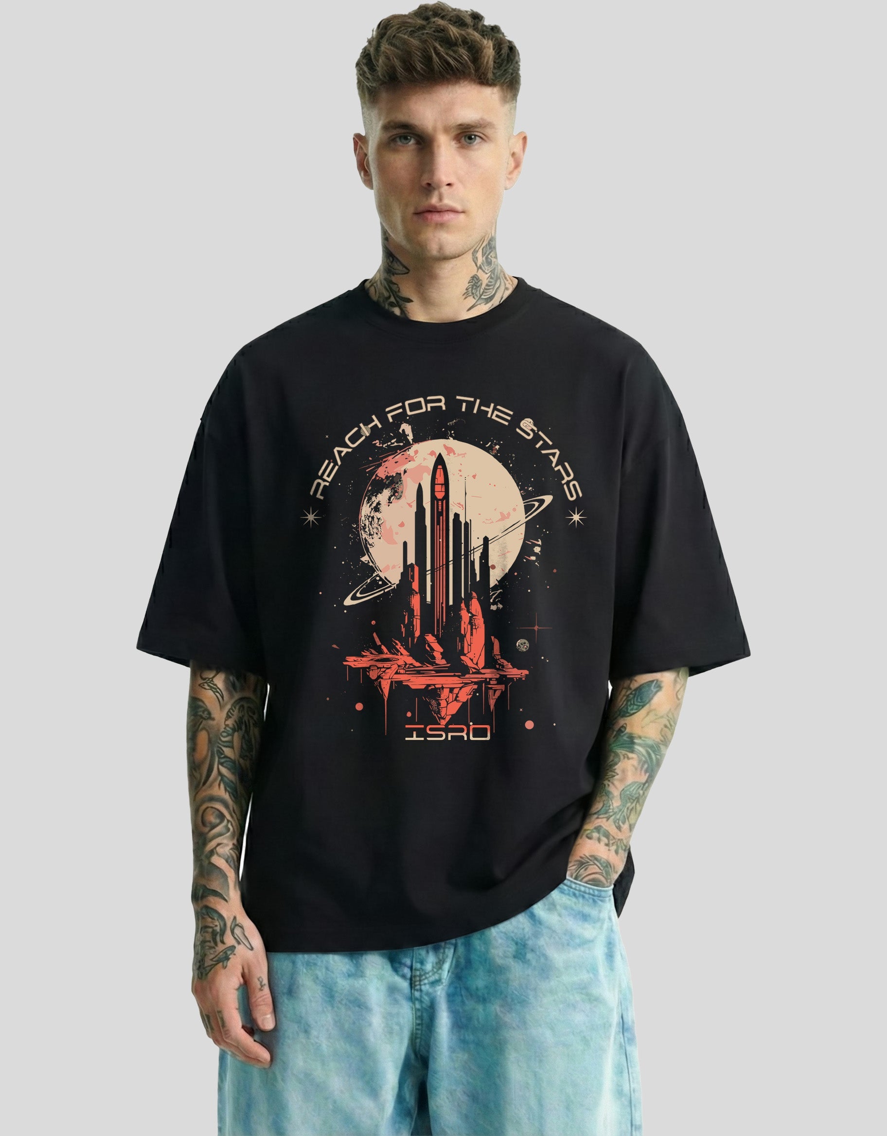 ISRO Oversized T-Shirt Black - Space Mission Rocket Graphic Streetwear Tee by Heistt
