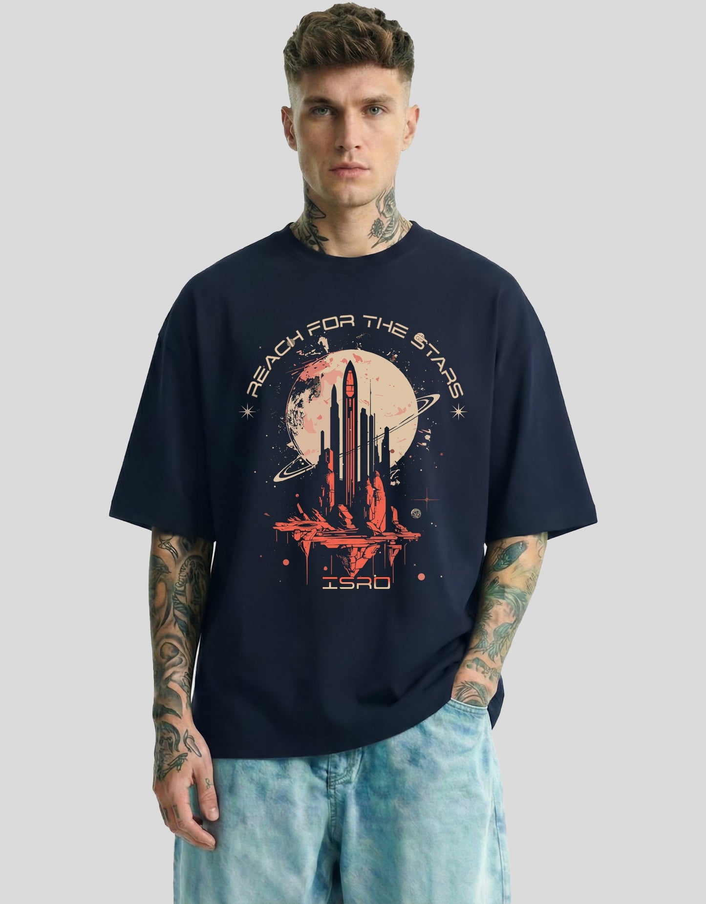 ISRO Oversized T-Shirt Navy Blue - Space Mission Rocket Graphic Streetwear Tee by Heistt