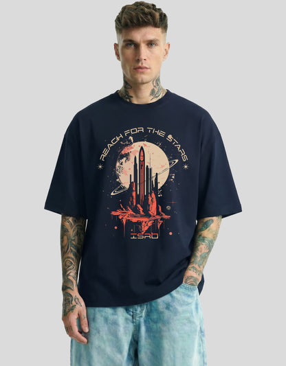 ISRO Oversized T-Shirt Navy Blue - Space Mission Rocket Graphic Streetwear Tee by Heistt