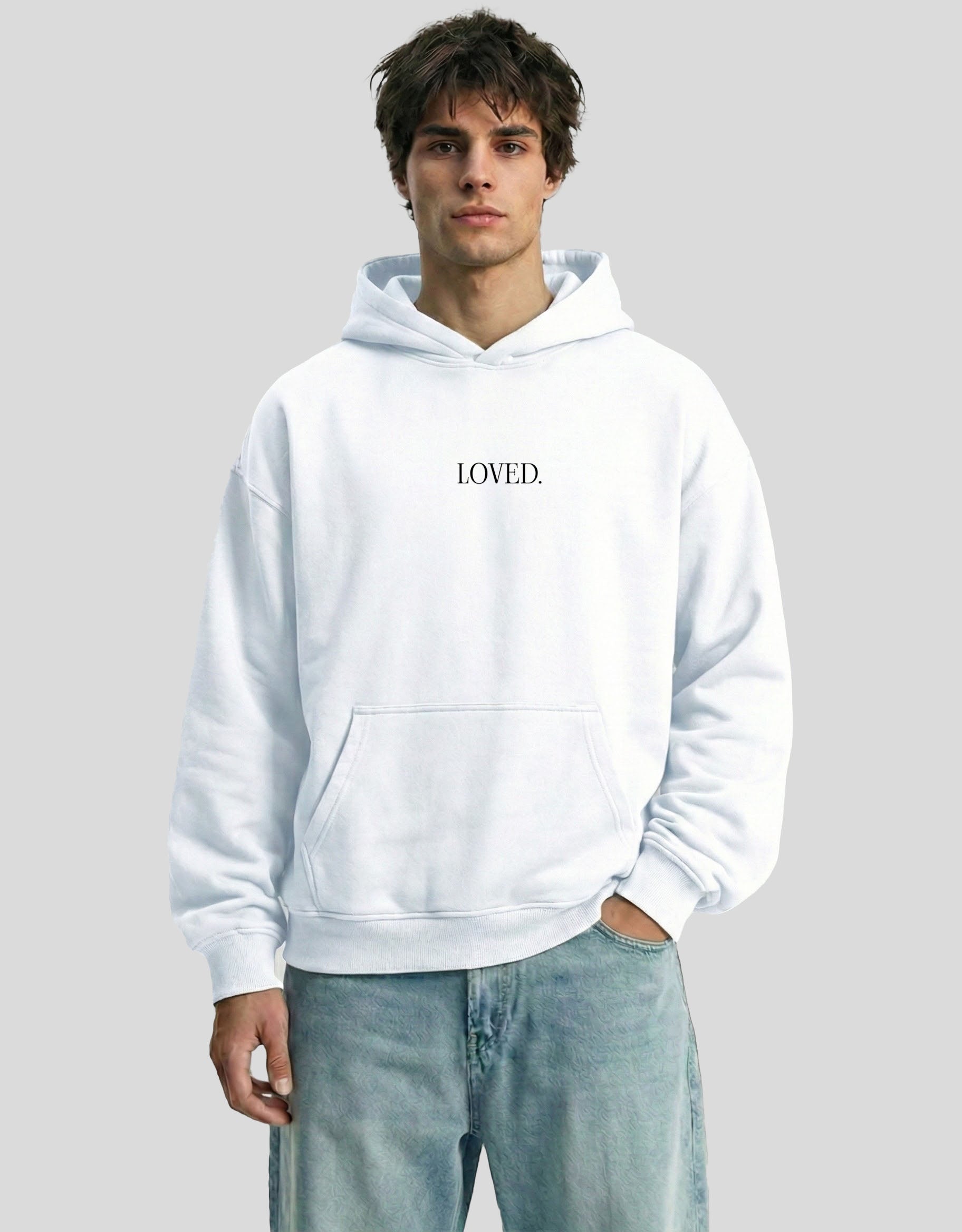 White LOVED oversized hoodie front view with minimalist text graphic - premium cotton Heistt streetwear